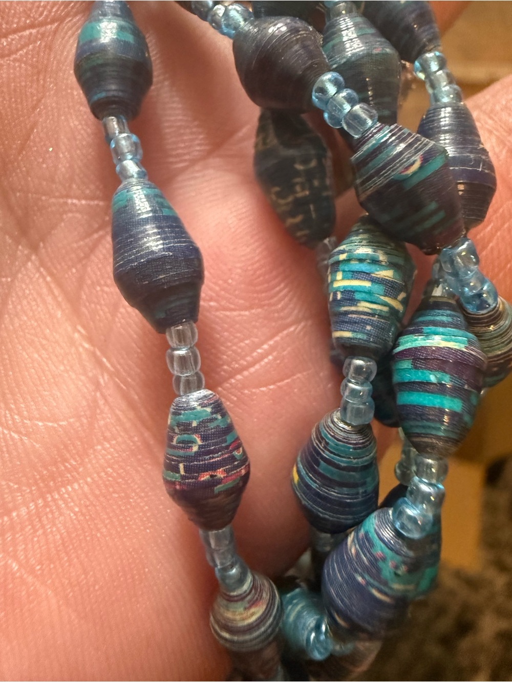 Handmade Blue Teal Paper Bead Necklace